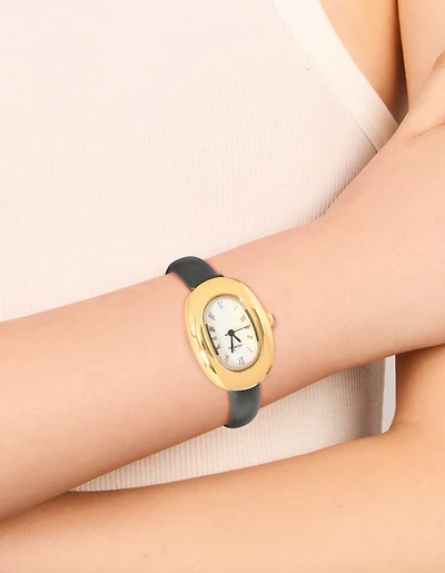 Black PU Leather Bubble Oval Watch