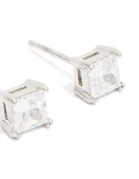 Mens Waterproof Stainless Steel Cubic Zirconia Small Square Stud Earrings