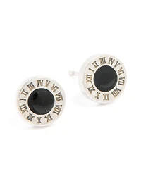 Mens Waterproof Stainless Steel Roman Numeral Round Stud Earrings