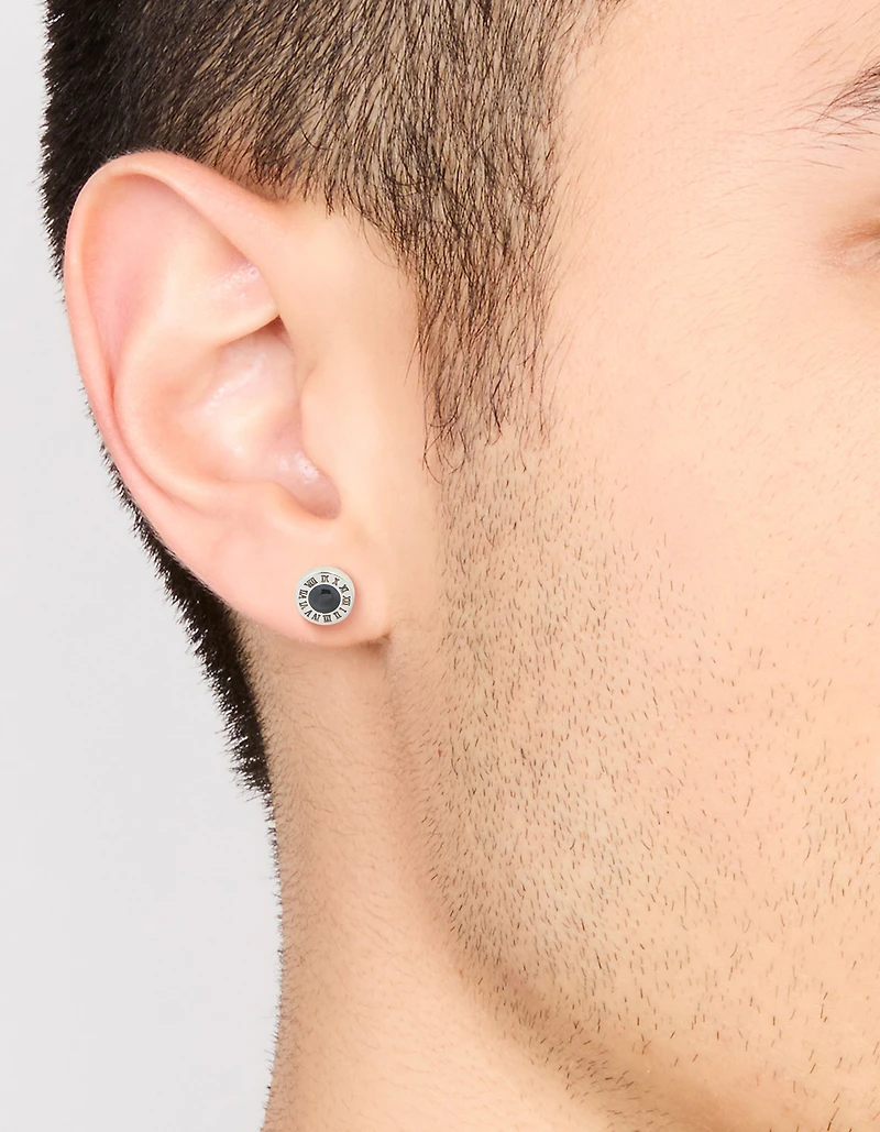 Mens Waterproof Stainless Steel Roman Numeral Round Stud Earrings