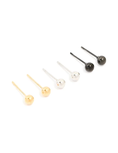 Mens Waterproof Stainless Steel Mixed Metal Ball Stud Earrings 3 Pack