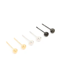 Mens Waterproof Stainless Steel Mixed Metal Ball Stud Earrings 3 Pack