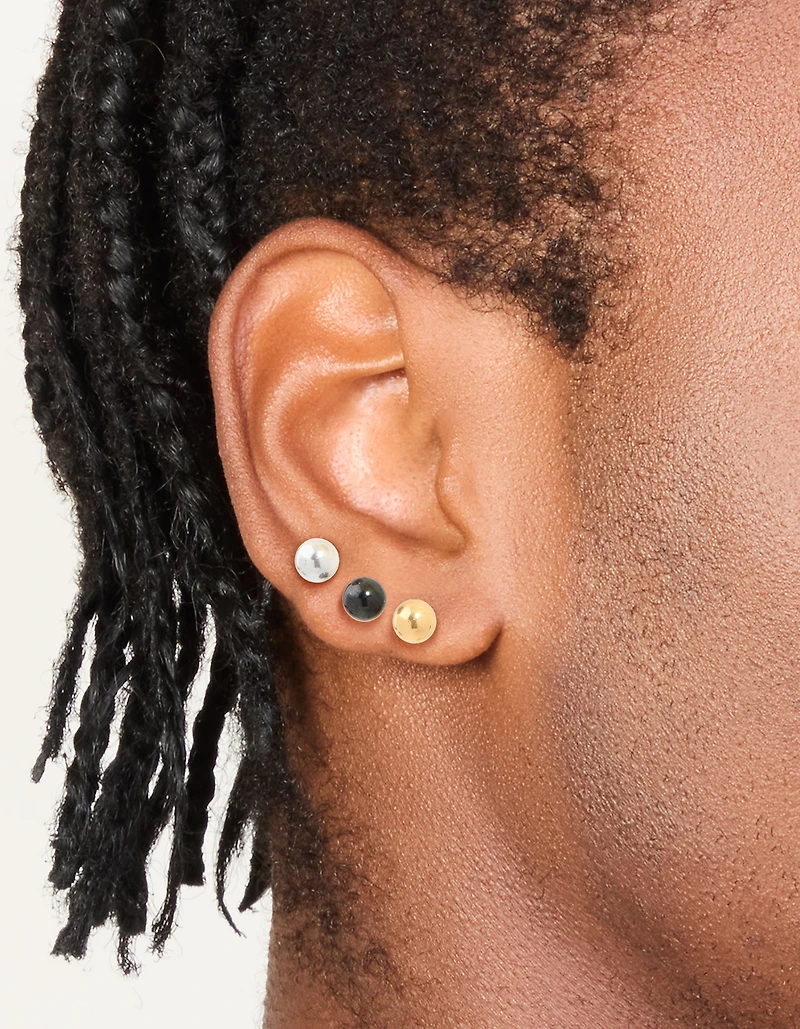 Mens Waterproof Stainless Steel Mixed Metal Ball Stud Earrings 3 Pack