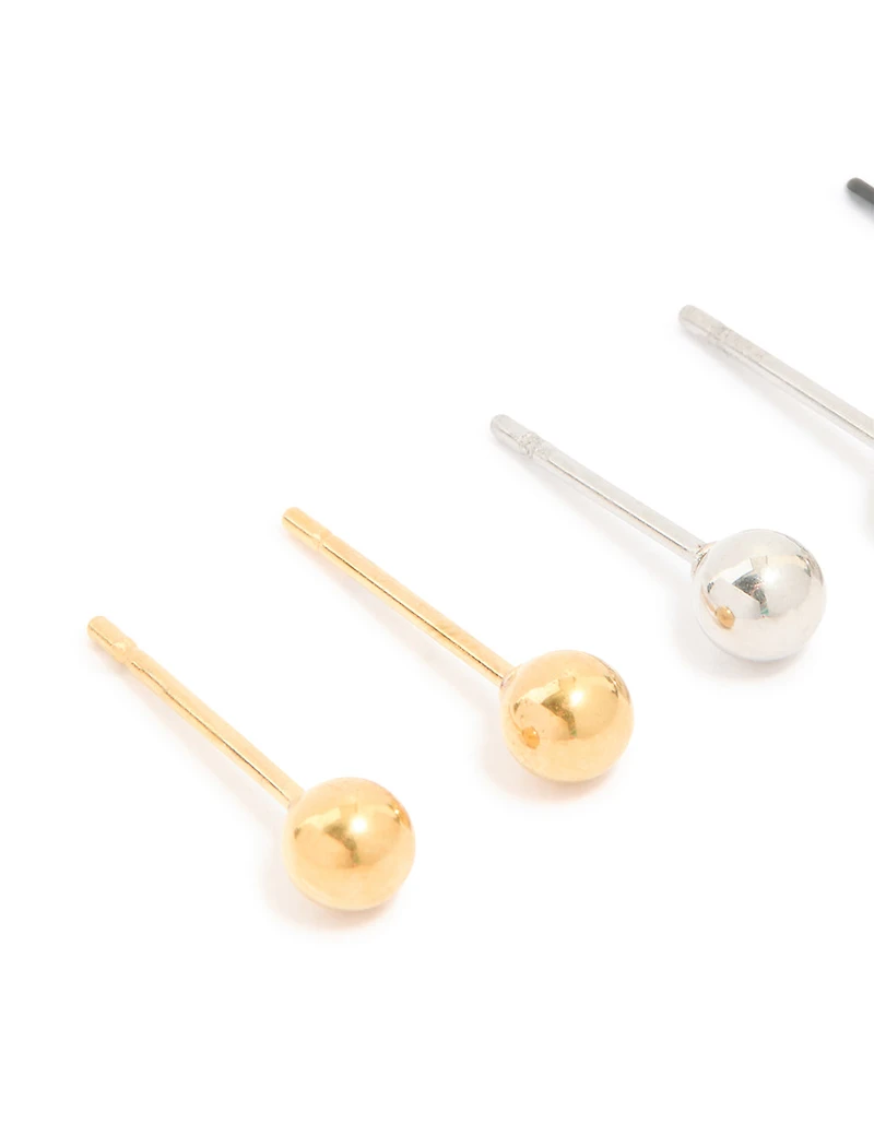 Mens Waterproof Stainless Steel Mixed Metal Ball Stud Earrings 3 Pack