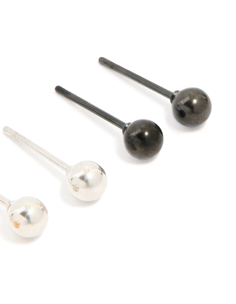 Mens Waterproof Stainless Steel Mixed Metal Ball Stud Earrings 3 Pack