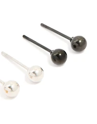 Mens Waterproof Stainless Steel Mixed Metal Ball Stud Earrings 3 Pack