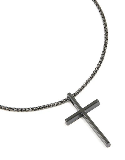 Mens Waterproof Black Coated Metal Stainless Steel Smooth Cross Pendant Necklace