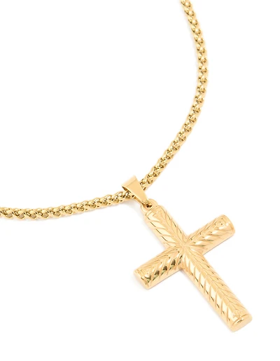 Mens Waterproof Gold Plated Stainless Steel Detailed Cross Pendant Necklace