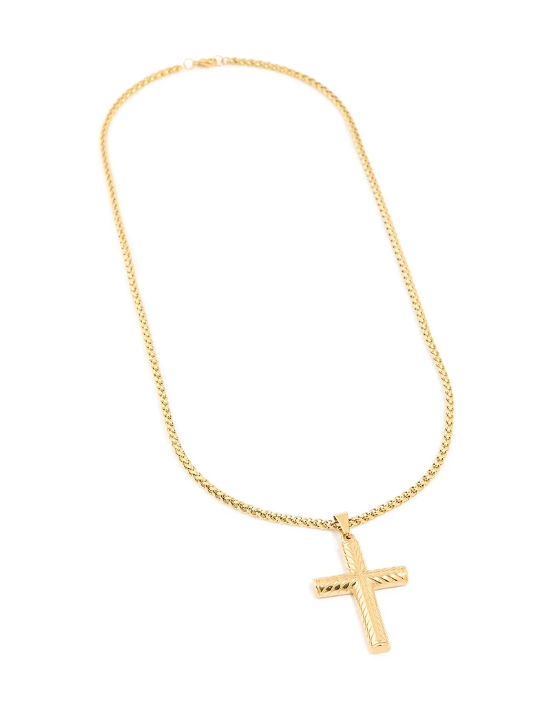 Mens Waterproof Gold Plated Stainless Steel Detailed Cross Pendant Necklace
