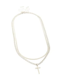 Mens Waterproof Stainless Steel Cross & Snake Chain Layered Necklace