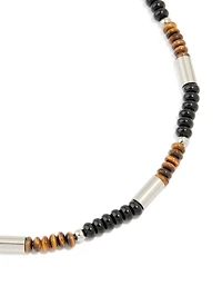 Mens Waterproof Stainless Steel Tigers Eye Semi Precious Stone & Black Beaded Necklace