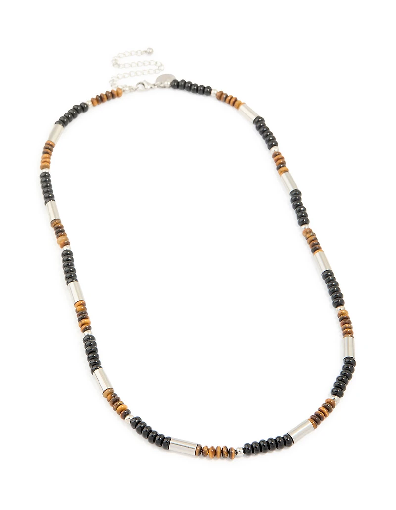 Mens Waterproof Stainless Steel Tigers Eye Semi Precious Stone & Black Beaded Necklace