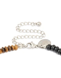 Mens Waterproof Stainless Steel Tigers Eye Semi Precious Stone & Black Beaded Necklace