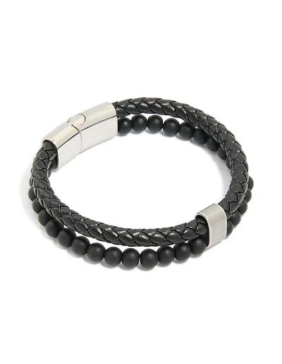 Mens Waterproof Stainless Steel Braided & Beaded Bracelet