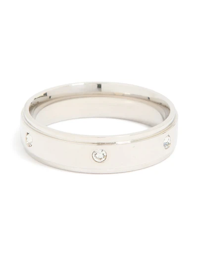 Mens Waterproof Stainless Steel Cubic Zirconia Flat Band Ring