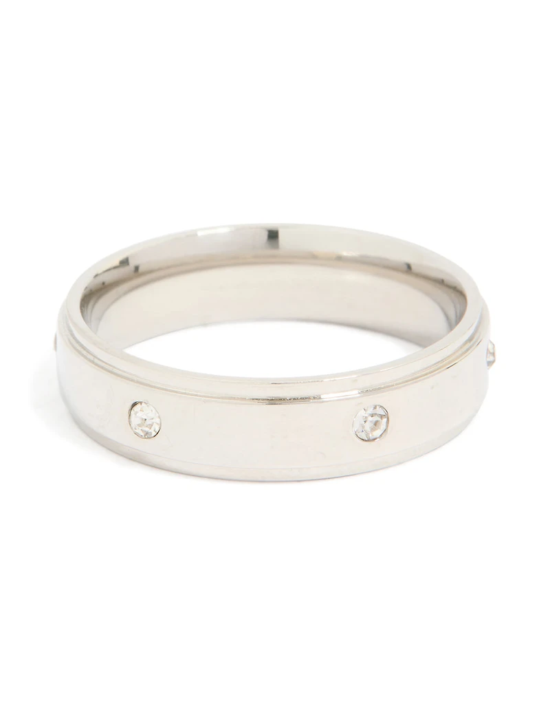 Mens Waterproof Stainless Steel Cubic Zirconia Flat Band Ring