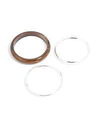Brown Acrylic & Silver Bangles 3-Pack