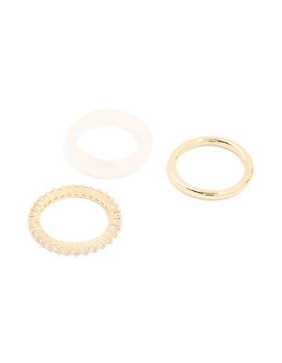 Gold Plated Pink Acrylic & Cubic Zirconia Rings 3-Pack