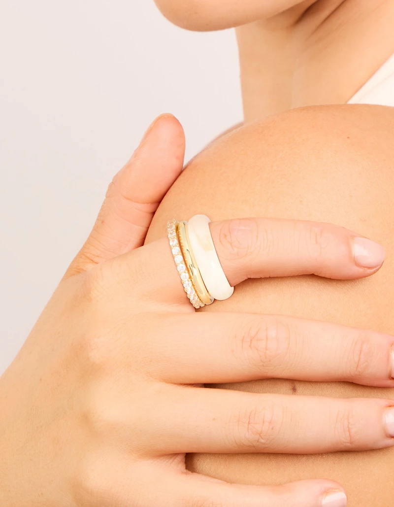 Gold Plated Pink Acrylic & Cubic Zirconia Rings 3-Pack