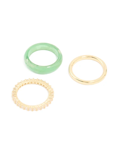 Green Acrylic & Cubic Zirconia Rings 3-Pack