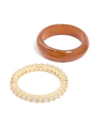 Brown Acrylic & Cubic Zirconia Rings 3-Pack
