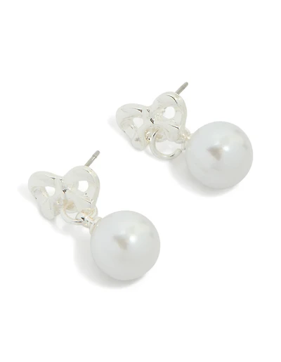 Silver Pearl Drop Bow Stud Earrings
