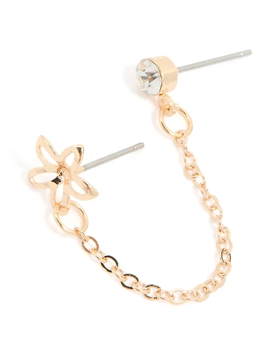 Boucle d’oreille double en chaîne de fleurs diamant dorée