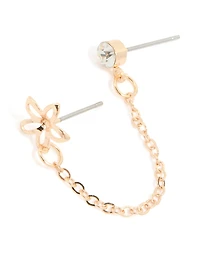 Boucle d’oreille double en chaîne de fleurs diamant dorée