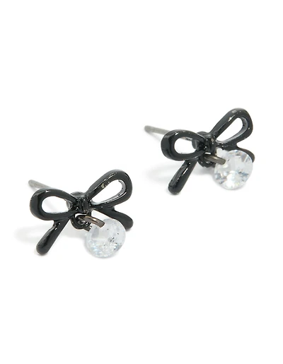 Black Coated Metal & Diamante Bow Drop Stud Earrings