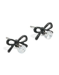 Black Coated Metal & Diamante Bow Drop Stud Earrings