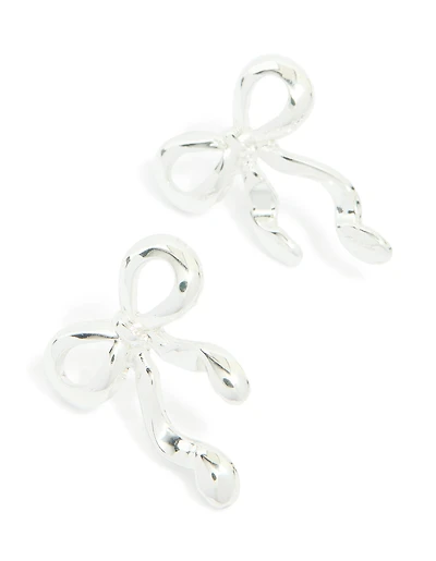 Silver Long Ribbon Bow Stud Earrings
