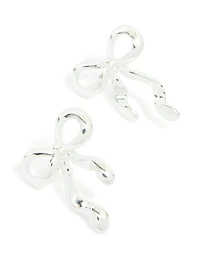 Silver Long Ribbon Bow Stud Earrings
