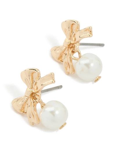 Gold Pearl & Ribbon Drop Earrings