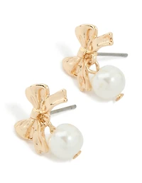 Gold Pearl & Ribbon Drop Earrings