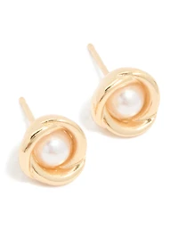 Gold Pearl Twisted Stud Earrings
