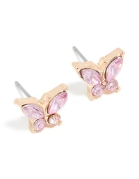 Gold Plated Pink Diamante Butterfly Stud Earrings