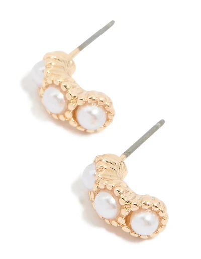 Gold Pearl Ball Open Hoop Earrings