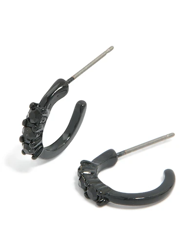 Black Coated Metal Triple Diamante Huggie Earrings