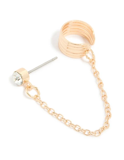 Gold Diamante Ribbed Chain Stud & Cuff Earring