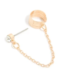 Gold Diamante Ribbed Chain Stud & Cuff Earring