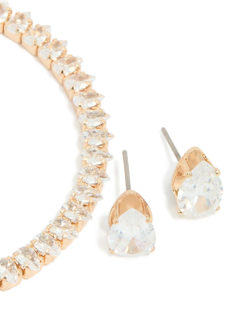 Gold Cubic Zirconia Tennis Bracelet & Earrings Set