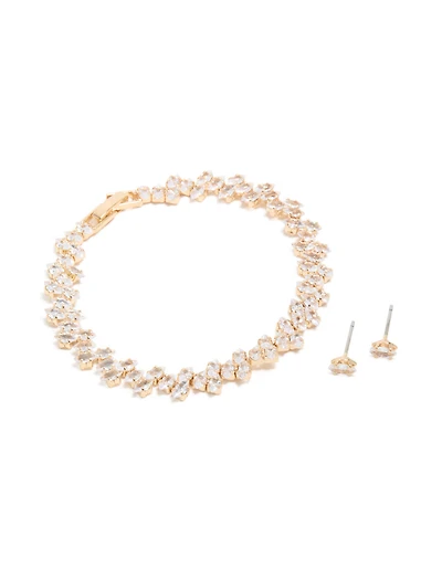 Gold Cubic Zirconia Marquise Cluster Tennis Bracelet & Earrings Set