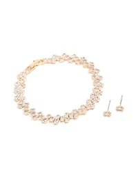 Gold Cubic Zirconia Marquise Cluster Tennis Bracelet & Earrings Set