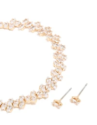 Gold Cubic Zirconia Marquise Cluster Tennis Bracelet & Earrings Set