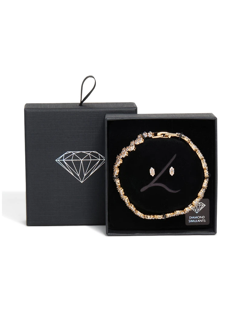 Gold Cubic Zirconia Marquise Cluster Tennis Bracelet & Earrings Set