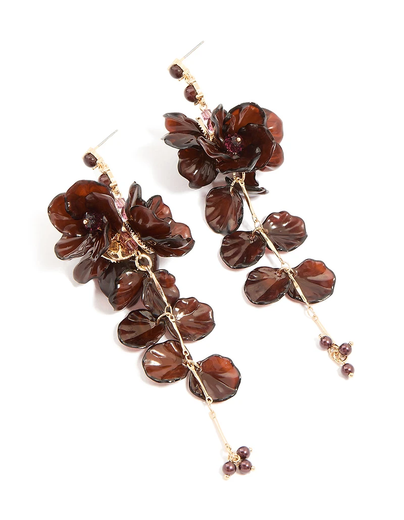 Pétales de fleurs en acrylique brun foncé, grandes boucles d’oreilles tombantes
