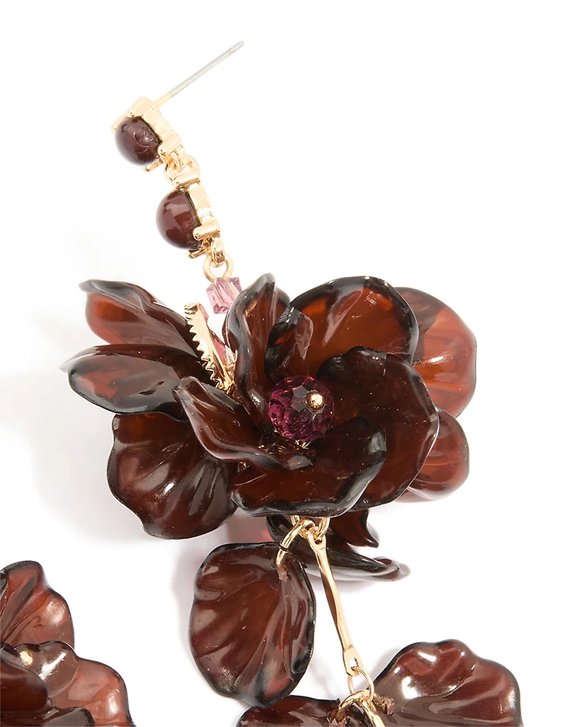 Pétales de fleurs en acrylique brun foncé, grandes boucles d’oreilles tombantes