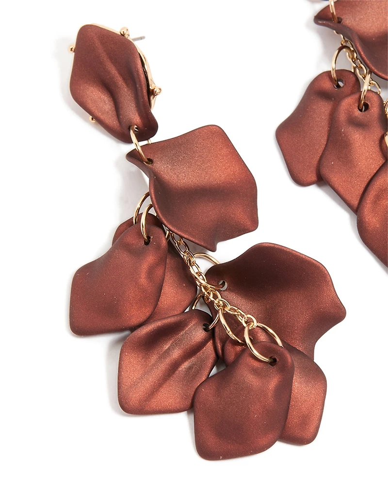 Dark Brown Coated Metal Petal Drop Earrings