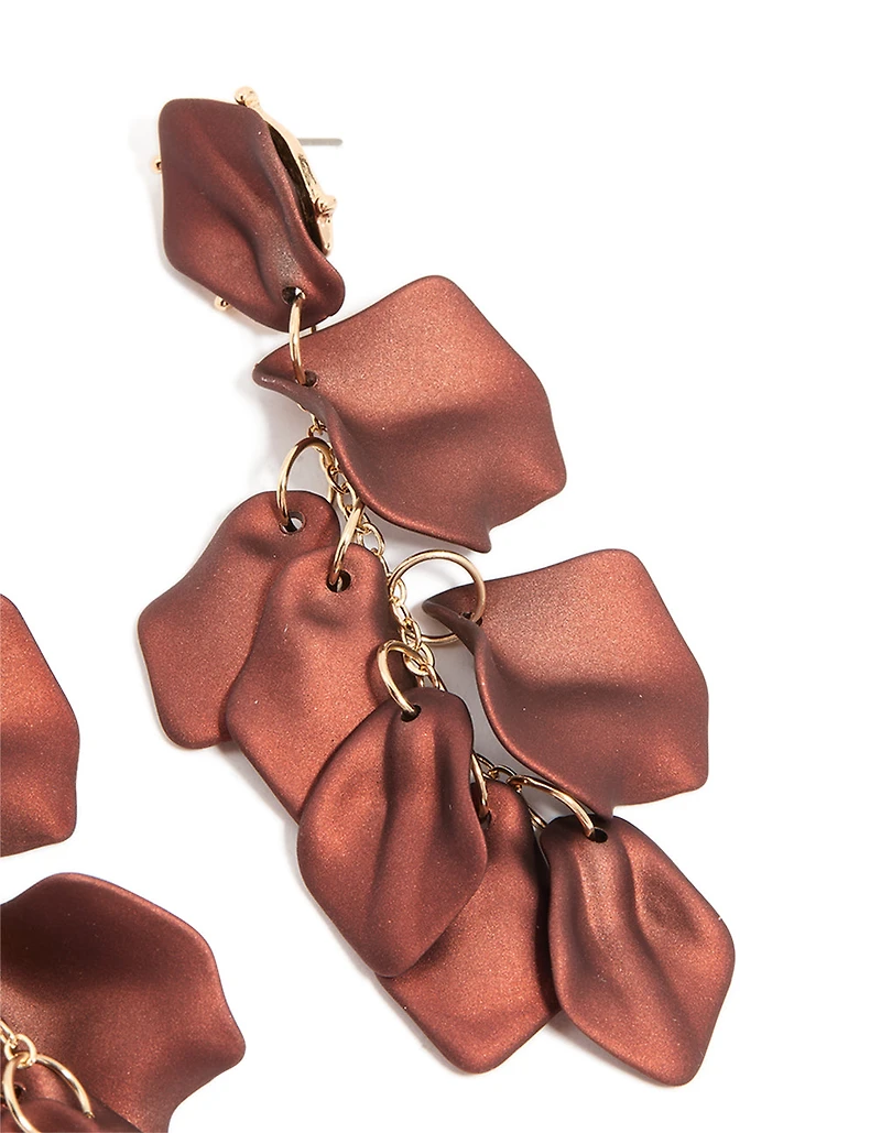 Dark Brown Coated Metal Petal Drop Earrings