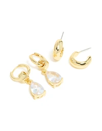 Gold Plated Diamante Pear Drop Huggie & Open Hoop Earrings 2 Pack